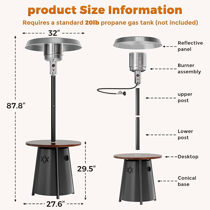 Pamapic 50,000 BTU Outdoor Heaters for Patio with Round Table Design, Premium 304 Stainless Steel Burner, Triple Protection System Propane Patio Heater for Porch Garden, Residential & Commercial Use