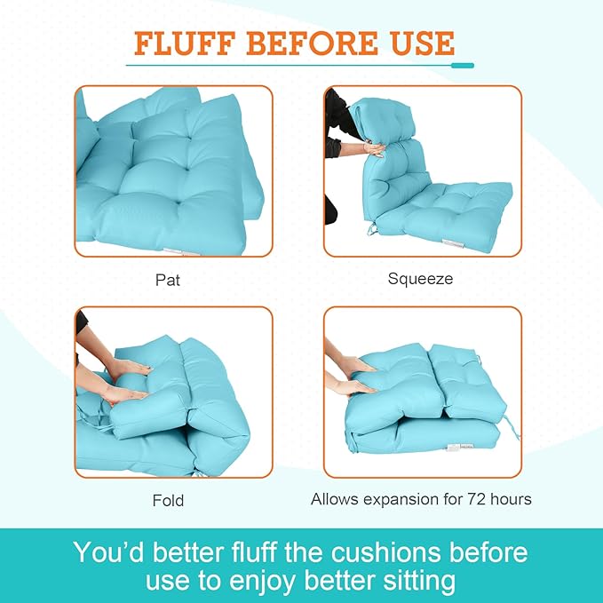 EAGLE PEAK Tufted Outdoor/Indoor High Back Patio Chair Cushions, Set of 2, 46'' x 22'', Light Blue