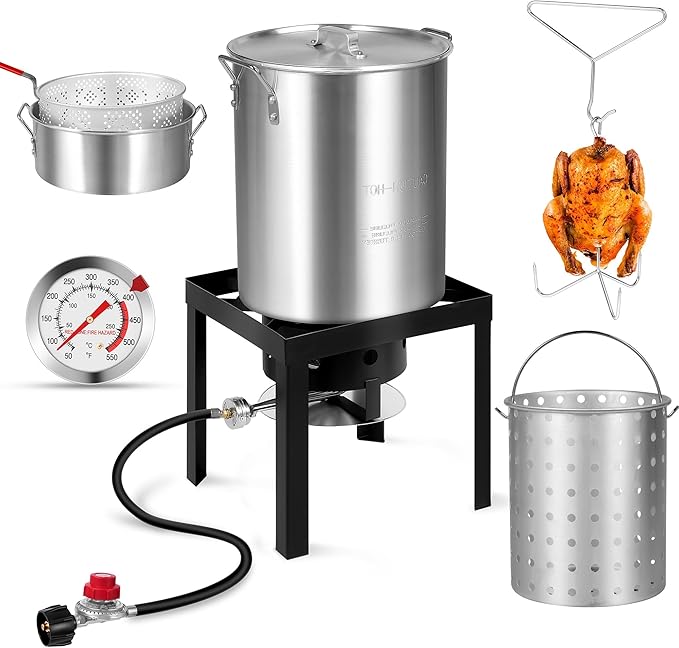 OT-3016 Turkey Fryer with Boiler Steamer Set Basket & 50,000BTU Propane Burner, Outdoor Deep Fryer & Seafood Crawfish Boil Pot with Thermometer, Marinade Injector, Turkey Rack & Rack Lifter
