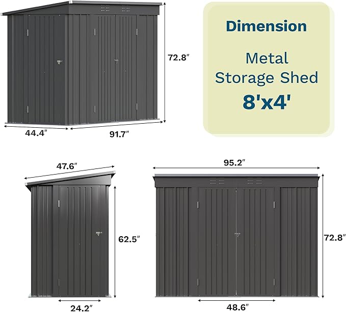 Patiowell 8x4 FT, Outdoor Storage Shed, Heavy Duty Tool Storage Sheds with 3 Lockable Doors and Updated Frame Structure for Backyard Patio Lawn, Black