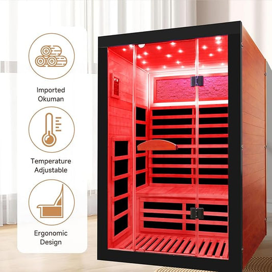 Infrared Sauna 2000W Wooden Saunas Home Spa Room Wood Low-EMF Indoor Saunas with with 7 Color Starry Sky Ceiling Light for Two Person 74.8 * 47.2 * 41.3Inch