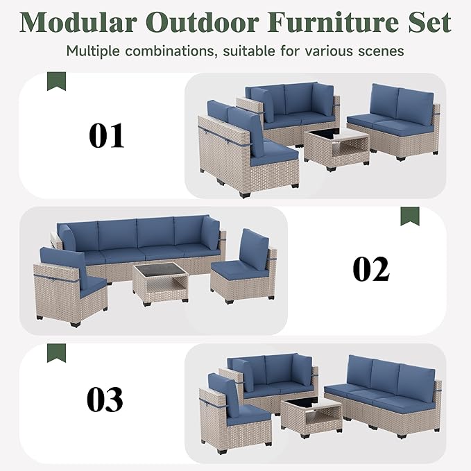11 Pieces Patio Furniture Set, Outdoor Sectional Wicker Sofa with Thick Cushions and Storage Coffee Table, Rattan Patio Conversation Sets for Deck Garden Poolside, Navy