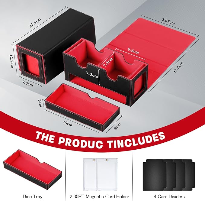 MTG Deck Box with 2 Commander Display,Commder Deck Box Fits 310+ Cards，with Dice Tray,Leather Magnetic,Fits for TCG CCG Magic Cards (Black Red)