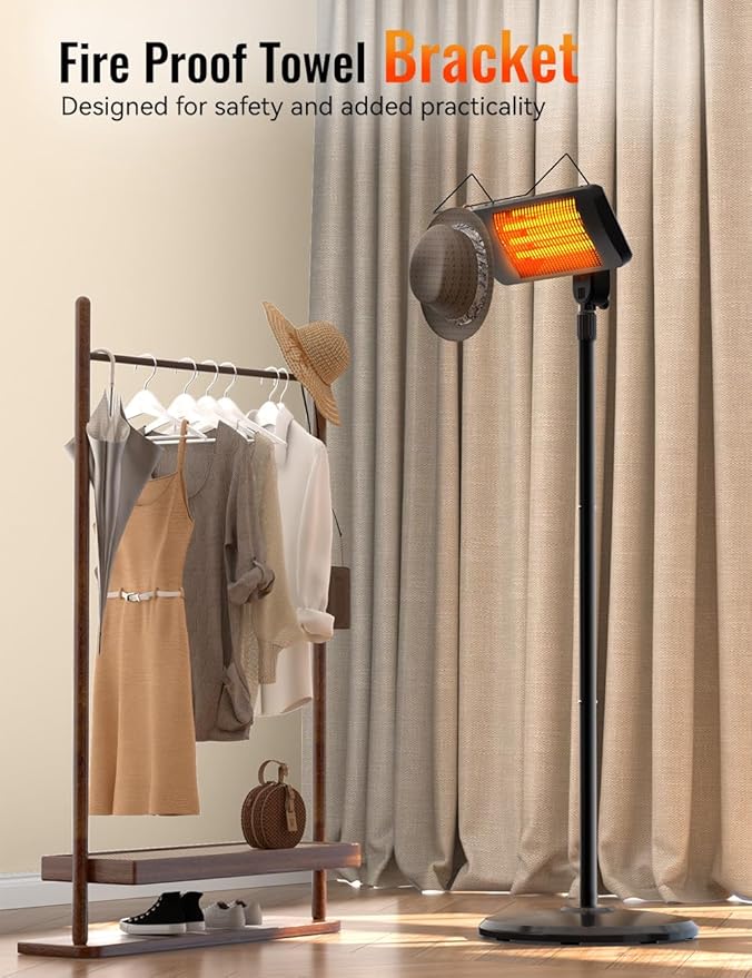 Outdoor Heaters for Patio, 12H Timer&3 Heat Level, IP54 Waterproof Electric Heater,1500W Infrared Heating Covers 300Sq.ft, Tip-Over Protection, Towel Bracket, Remote, 83" Patio Heaters for Outdoor Use