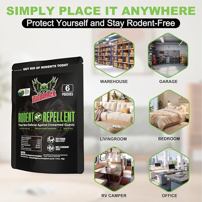Extra-Strength Mouse Repellent Deterrent Pouches, USDA 99% Biobased, Peppermint & Rosemary Oils Repel Mice Nesting in Car, RV, Boat, Garage, Shed, Cabin Made in The USA (12 Pack)