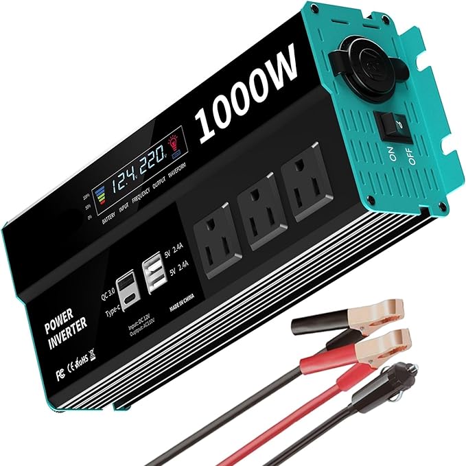 Power Inverters 500W 12V DC to 110V AC Converter for Vehicles USB-C/PD 25W Fast Charging Ports Car Charger Adapter with a Cigarette Lighter Ports Plug Outlet(Modified sine wave-1000W)
