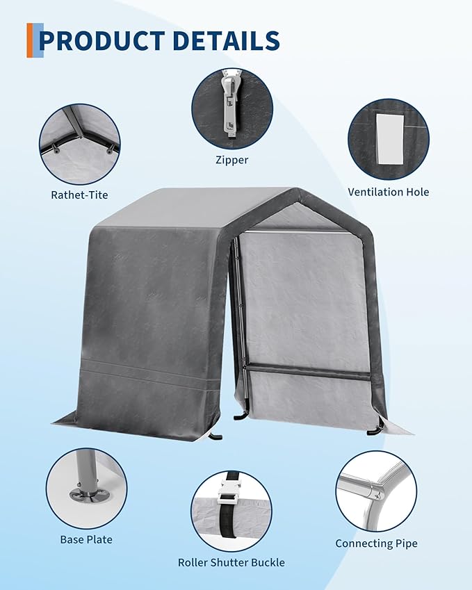  6X6 FT Heavy-Duty Portable Outdoor Storage Shed with Roll-Up Zipper Door & Vent, 240g Waterproof Carport Storage Shelter, UV-Resistant Canopy for Motorcycle, Firewood, Tools -Gray ﻿