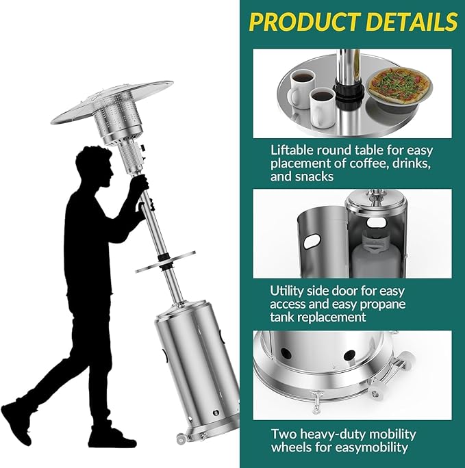 48000BTU Outdoor Propane Patio Heater with Wheels, Triple Safety Protection, Stainless Steel Burner, Includes Round Table for Porch, Camping, Backyard Use, Silver