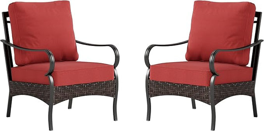 PHI VILLA Outdoor Wicker Chairs Sofa of 2, All Weather High Back Rattan Chairs 2 Seats with Comfy Cushions for Porch Deck