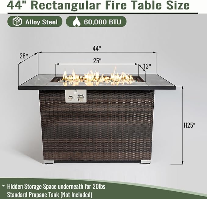 Outdoor Propane Fire Pit Table for Outside Patio, 43 Inch Wicker Firepits for Outside, Rectangle Gas Fire Pit for Garden, Pool, Backyard, 50,000 BTU, Tank Inside, Espresso Color
