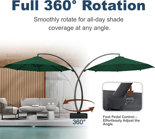 11FT Cantilever Umbrella with Base Large Curvy Outdoor Aluminum Offset Umbrella w/ 360° Rotation, UV Resistant Canopy for Patio, Garden, Backyard, Forest Green