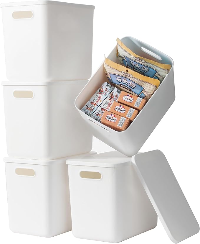 5 pack large plastic White storage bins with Lids, Toy Box Chest with Handle，Organizer Containers Baskets for Baby,Nursery，Shelves，Playroom, Bedroom，Office,Closet，home (White, 5L)