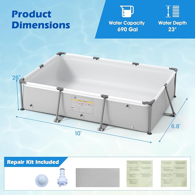 GYMAX 10' x 6.8' x 26" Metal Frame Above Ground Swimming Pool, Outdoor Backyard Famliy Pool w/Puncture-Resistant Fabric, Drainage Valve Connector for Kids & Adults (10' x 6.8' x 26", Rectangle, Grey)