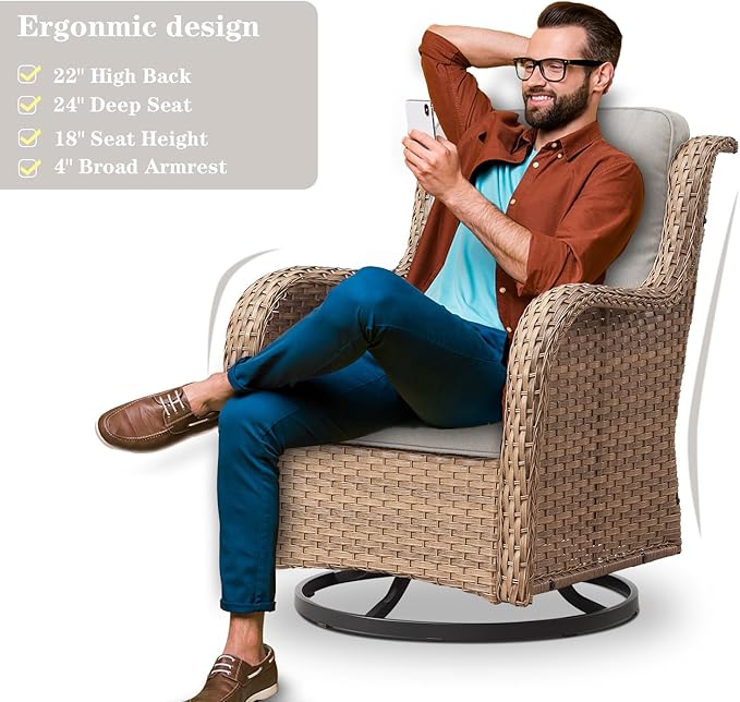 Belord Wicker Outdoor Furniture Patio Furniture Set - 6 Piece Patio Conversation Set with Swivel Rocker Chairs, Rattan Sofa, Ottomans and Coffee Table, Beige Cushion