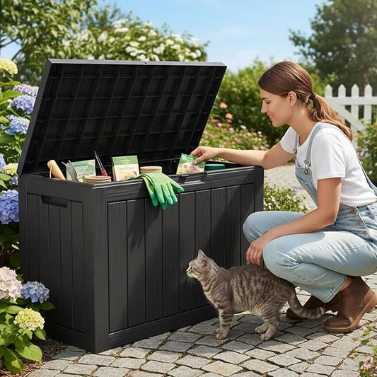 45 Gallon Deck Box, Small Outdoor Storage Box Waterproof, UV-Resistant and Weatherproof Outside Resin Storage Bin for Outdoor Patio Furniture Pillows, Pool Supplies, Garden Tools, Black
