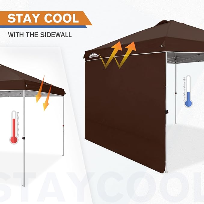 EAGLE PEAK Pop Up Canopy Tent with 1 Sidewall, Easy Setup Event Tent, Outdoor Sun Shade, Wheeled Carry Bag, Stakes and Guy Ropes, Instant Canopy 10x10, Brown