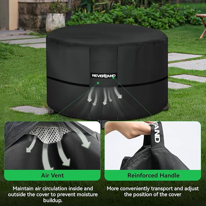NEVERLAND Fire Pit Cover Round, Waterproof Outdoor Firepit Covers Round for 32-36 Inches 600D Oxford Heavy Duty Patio Gas Fire Pit Covers with 4 Buckle Straps and Air Vents, 36 x 24 Inch Black