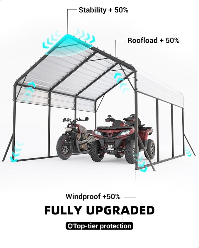 13x16 FT Metal Carport Heavy Duty Car Ports Reinforced Frame, Galvanized Steel Roof and Enhanced Base All-Weather Outdoor Shelter for Cars, Bass Boats, Full-Sized Pickup Trucks, Tractors
