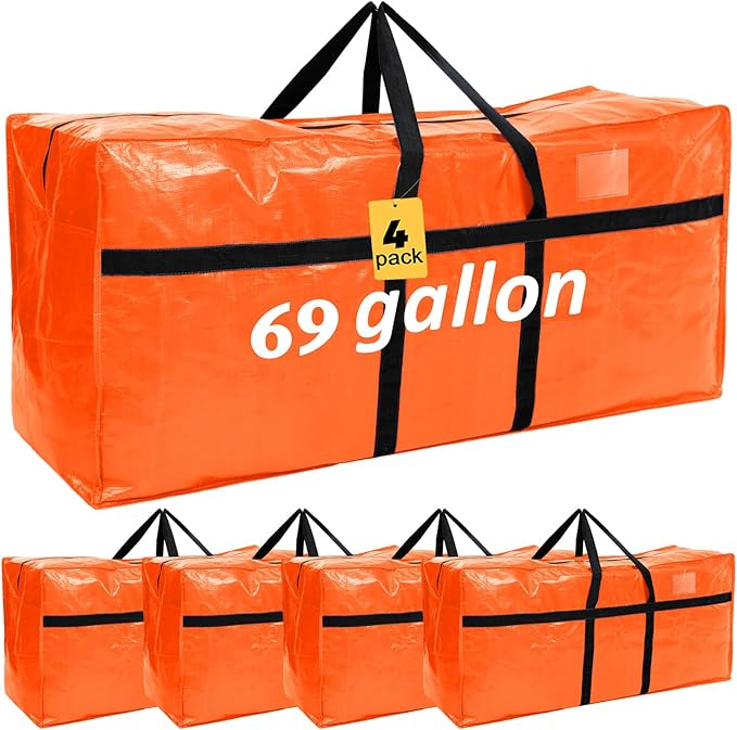 Windyun 4 Pack 69 Gallon Extra Large Storage Bags XXL Moving Bags with Zipper Handles Heavy Duty Jumbo Big Tote Box for Christmas Tree Storage 4, 5, 7.5, 9, 10, 12 ft Skeleton College Dorm(Orange)