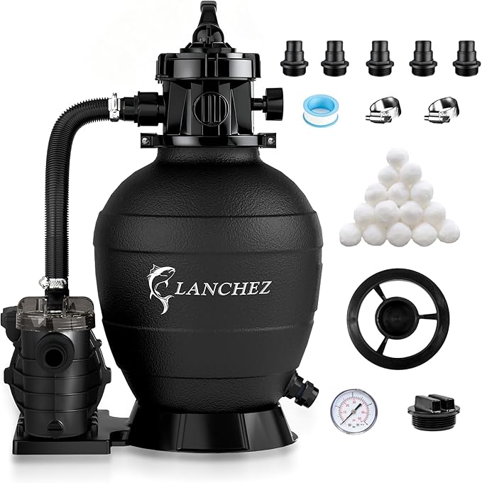 LANCHEZ 13" Sand Filter Pump for Above Ground Pool, 3/4 HP Pool Pump, Max 3500 GPH for Pools Up to 11,000 GAL, 6-Way Valve Pool Sand Filter System