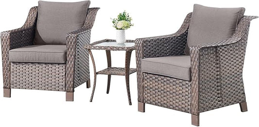 3 Pieces Patio Furniture Set-Wicker Patio Chairs Set of 2 with Tempered Glass End Table Outdoor Patio Chairs for Deck Balcony Poolside Backyard-Brown/Grey