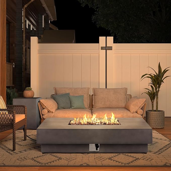 60inch Rectangle Fire Pit Table with Propane Tank Cover, 2-Piece Concrete Fire Table Outdoor 50,000 BTU Large Gas Firepits for Outside Patio with Steel Lid, Lava Rock, Rain Cover