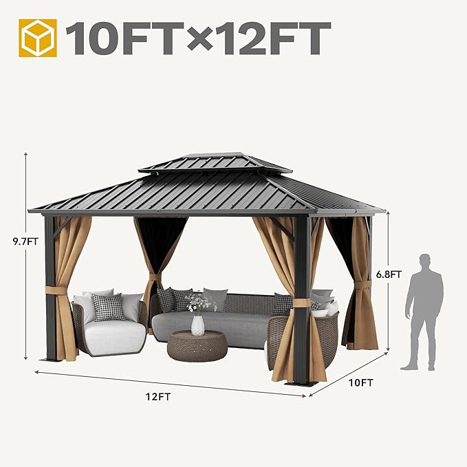 DWVO 10x12ft Hardtop Gazebo Double Roof Gazebo with Nettings and Curtains, Heavy Duty Galvanized Steel Outdoor Vertical Stripes Roof for Patio, Backyard, Deck, Lawns, Brown