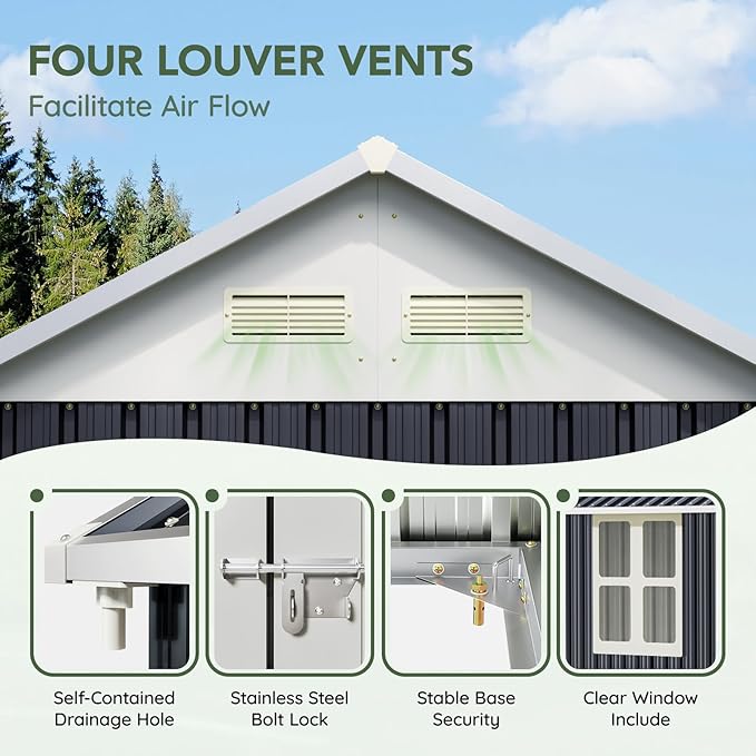 8x6 FT Outdoor Metal Storage Shed with Floor Frame, Double Doors, 1 Clear Window, Tool Shed for Garden, Patio, Backyard