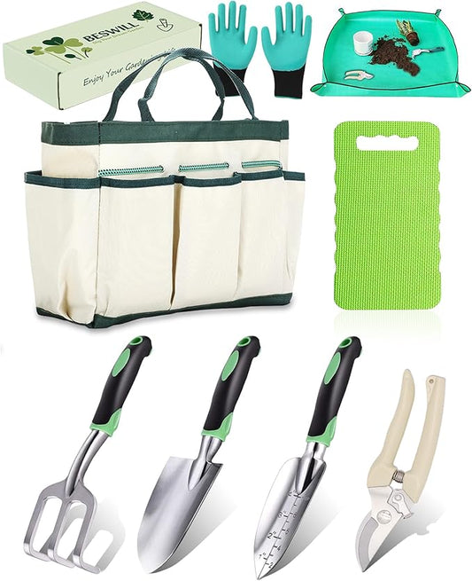 8-Piece Heavy-Duty Gardening Tools Set with Tote Bag - Rust-Proof Aluminum Gardening Hand Tools with Ergonomic Non-Slip Rubber Grips - Gardening Supplies Set Ideal Gift for Men & Women