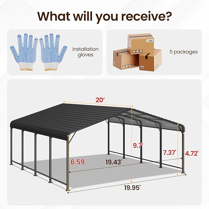 20x20 FT Metal Carport for 2 Cars, Heavy Duty Canopy Carport with Updated Roof & Enhanced Base, Garage Vertaile for RV Car, Truck, Boat, Tractors, Party, Grey