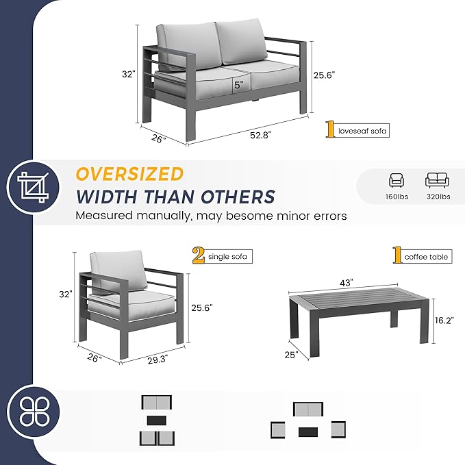 UDPATIO Oversized Aluminum Patio Furniture Set Outdoor Furniture Modern Patio Set, Thickness 5" Cushion Outdoor Seating Set for Balcony(Include Sofa Cover)