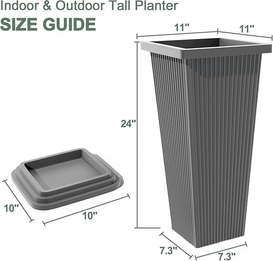 Set of 2 Tall Planters with Drainage Tray, 24 Inch Large Flower Pots for Indoor Outdoor Plants Mordern Planter Weather-Resistant for Patio, Front Door Decor, Garden (Gray Ribbed)