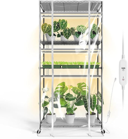 Bstrip Indoor Greenhouse with Grow Light, Tall Green house with 6 Pack T5 Full Spectrum Plant Lights with Timer, Plant Shelf with Tent for Indoor Plant, Seed Starting, Seed Tray, 35.4"x13.8"x70.8"