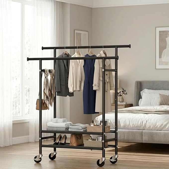 Double Rods Clothes Racks , Rolling Clothing Rack for Hanging Clothes with Wheels & Shelves，Portable Garment Coat Wardrobe Rack for Bedroom,Laundry living Room ,16.93″ L × 39.37″ W × 63.78″ H,Black