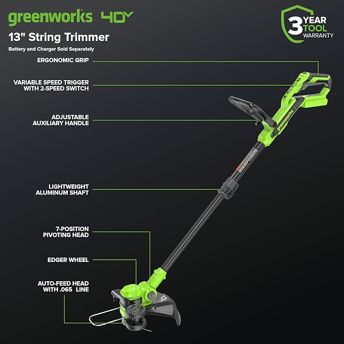 Greenworks 40V 13" 2-in-1 Cordless Trimmer/Edger w/ 20 Blades, Heavy Duty for Thick Weeds/Brush, Edges Fence/Sidewalk, Gas-Free Lightweight, Battery and Charger Not Included