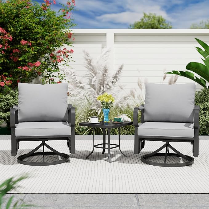 3 Piece Patio Furniture Set, Rope Woven Outdoor Conversation Set with High Back Metal Swivel Chairs and Coffee Table, Thick Cushions for Garden, Porch, Grey