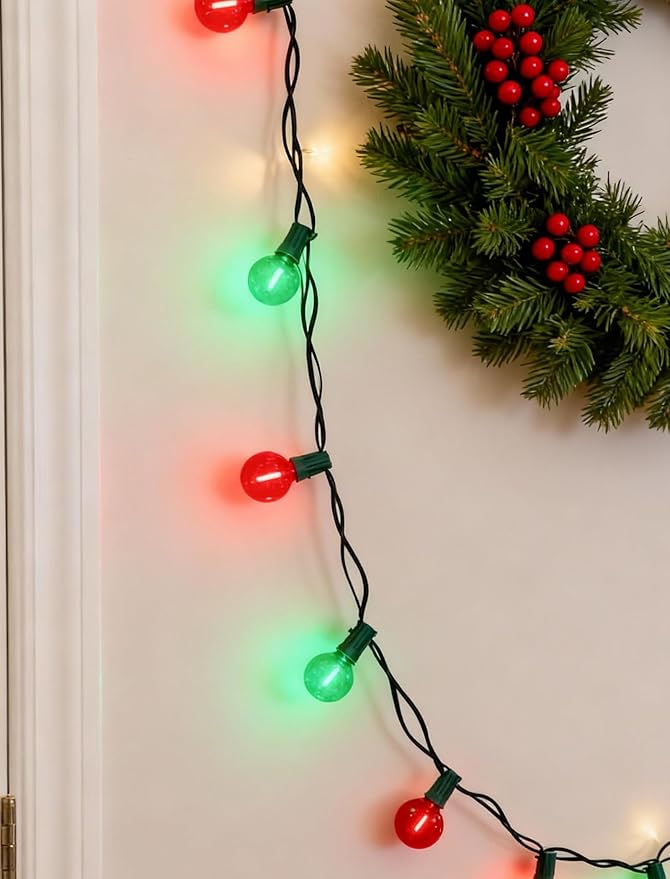 Pallerina 50Ft Clear Red and Green Outdoor LED Lights,G40 Globe Patio Christmas String Lights with 25 Colorful Bulbs(2 Spare),Outside Christmas Hanging Lights for Christmas Tree Roofline Holiday Party