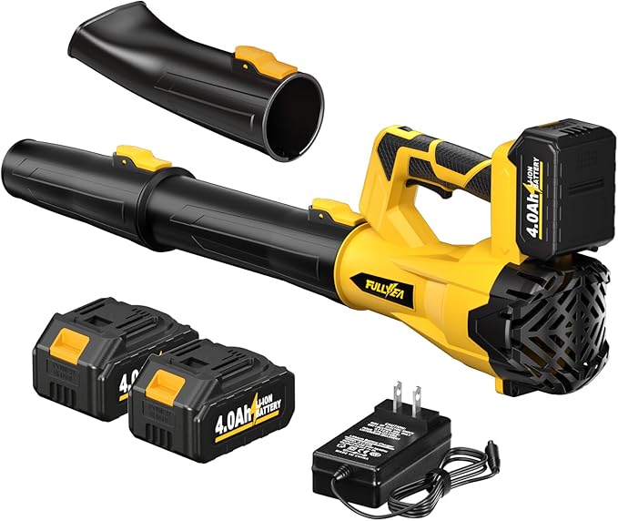 FULLYEA Cordless Leaf Blower 650 CFM, 6 Speed Modes, Electric Leaf Blower Cordless with 3 Tubes & 2x4.0Ah Batteries, 21V Battery Powered Leaf Blowers for Patio, Yard, Garage Cleaning (Yellow)