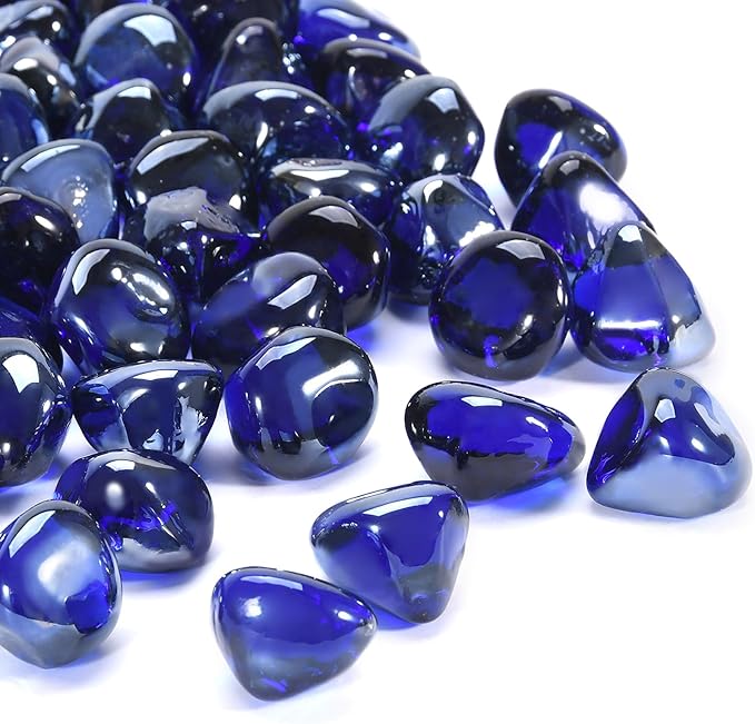 Fire Glass for Propane Fire Pit, Fireplace and Outdoor Decoration, Cobalt Blue Firepit Rocks 20 Pounds, High Luster 1 Inch Diamond Glass Beads