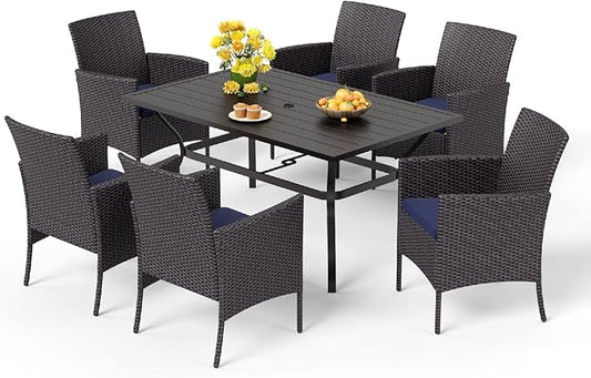 MFSTUDIO 7 Pieces Outdoor Dining Sets for 6, Patio Table and Chairs, Outdoor Rectangular Metal Table with Chairs, Wicker Patio Dining Furniture, Deck, Porch