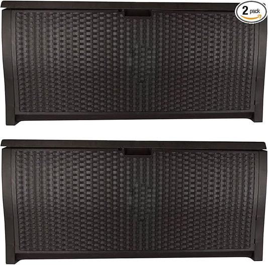 Suncast 99 Gallon Plastic Wicker Deck Box Container Storage for Garden, Garage, Home, Pool, Indoor and Outdoor Use, Mocha (2 Pack)