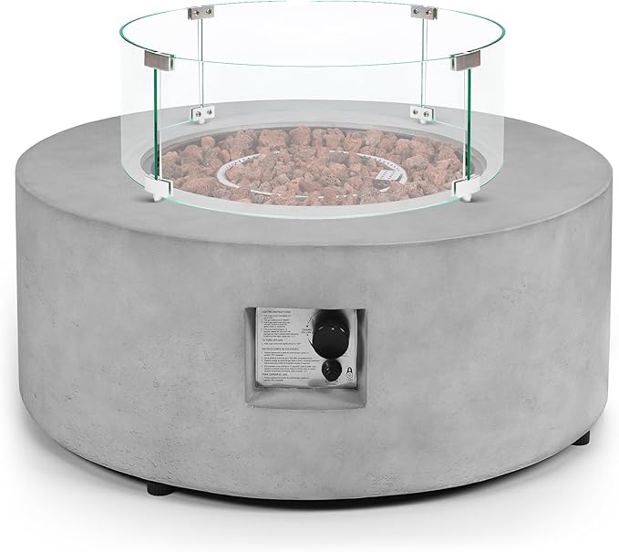 36 Inch Round Fire Pit Table,Propane Fire Pit Table Outdoor 50,000 BTU w Glass Wind Guard Gas Concrete Fire Pit,CSA Certification w Lid,Lava Rocks, Rain Cover for Backyard & Deck