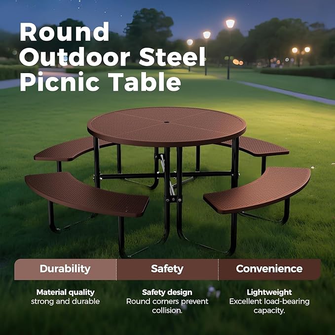 KUFUH 46" Coated Round Metal Picnic Table for 4-8 Person, Durable Heavy Duty Commercial Picnic Table with Umbrella Hole for Outdoor Coffee Shop, School, Easy to Install, Brown