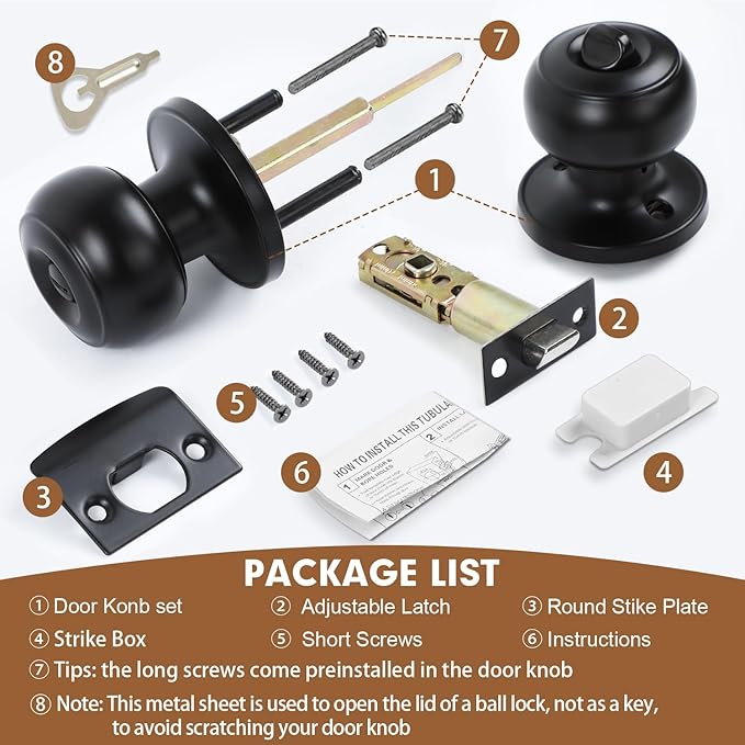 RAZCC Privacy Door Knobs, 2 Pack Matte Black Door Knobs with Lock, Bed and Bath Door Knob Interior Keyless Locksets, Round Door Handles Reversible for Left Right Handed Doors