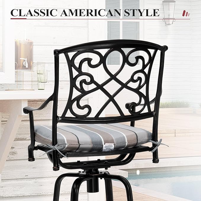 Crestlive Products Outdoor Bar Stools with Sunbrella Cushion Set of 2, 360° Swivel Patio Bar Height Chairs, All Weather Commercial Grade Furniture, Antique Brown Finish for Outside (Milano Char)