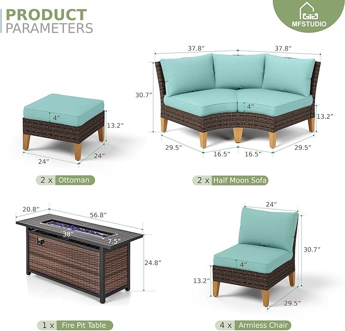 MFSTUDIO 11 Pieces Wicker Patio Furniture Set with 56" Fire Pit Table, Rattan Outdoor Half-Moon Sectional Sofa Patio Conversation Sets, 4 x Curved Sofa, 4 x Armless Couch, 2 x Ottoman(Aqua Blue)