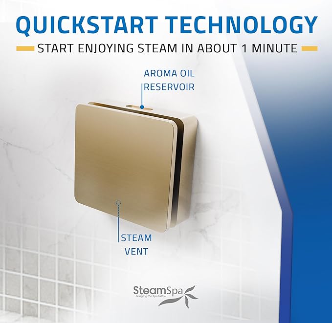 SteamSpa Steam System 6kW Steam Shower Generator with Bluetooth Wifi, Quickstart Continous Steam, Advanced Touch Pad Screen, Chroma Lights, Drain Pan and Auto Drain Gold RVBS600GD-A