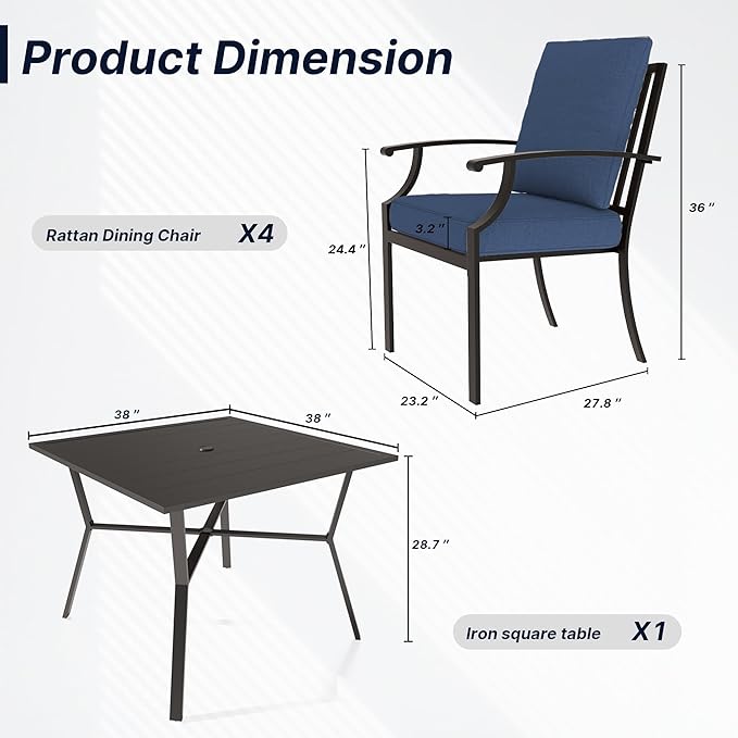 5-Piece Outdoor Patio Dining Set，4pcs Mental Chairs and 38’’ Round Dining Table with Umbrella Hole for Patio, Deck, Yard，Garden, Dark Blue