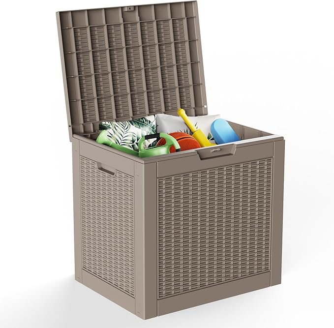 30 Gallon Outdoor Storage Box Waterproof,Outside Delivery Package Deck Box with Lockable Lid,Poolside Storage Bin for Garden Tools,Patio Cushion,Light Brown Rattan