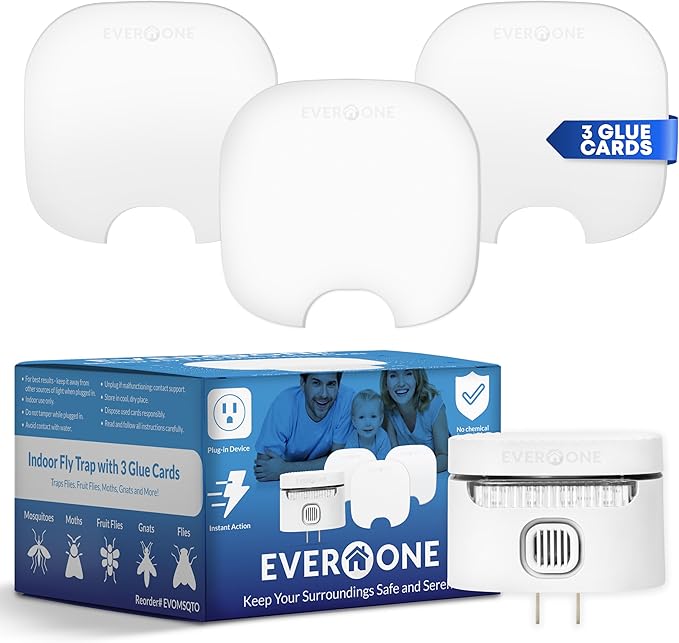 EverOne Fly Trap Indoor Plug-in Device with 3 Glue Cards – Effective Flying Insect Trap for Home – Bug Catcher and Mosquito Killer – Sticky Trap for Flies, Gnats, Fruit Flies, and Moths